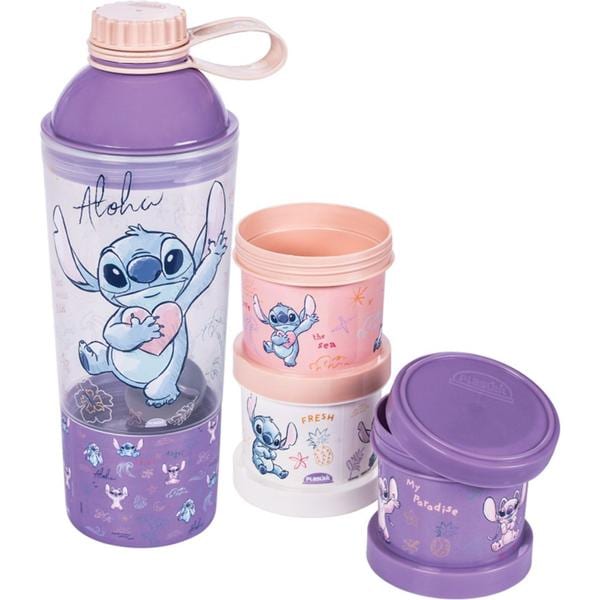 Kit Garrafa escolar shakeira, com pote 3 em 1, Stitch Disney, 15634, Plasutil - CX 4 UN