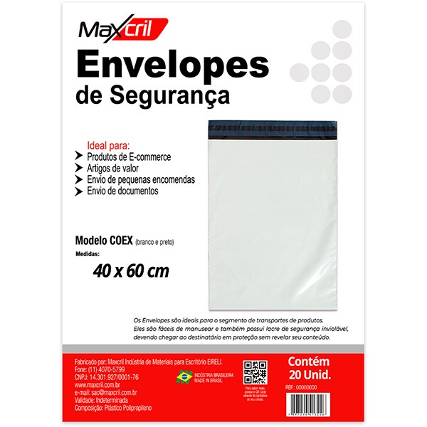 Envelope plástico de segurança, 40cm x 60cm, Branco, 10450003, Maxcril - PT 20 UN