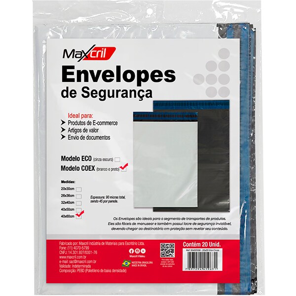 Envelope plástico de segurança, 40cm x 60cm, Branco, 10450003, Maxcril - PT 20 UN