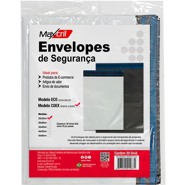 Envelope plástico de segurança, 20cm x 30cm, Branco, 10450003, Maxcril - PT 20 UN