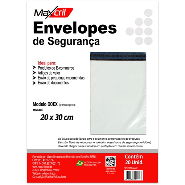 Envelope plástico de segurança, 20cm x 30cm, Branco, 10450003, Maxcril - PT 20 UN