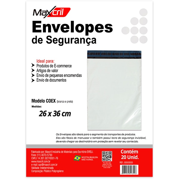 Envelope plástico de segurança, 26cm x 36cm, Branco, 10450004, Maxcril - PT 20 UN