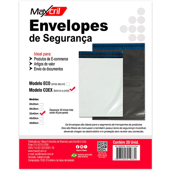 Envelope plástico de segurança, 32cm x 40cm, Branco, 10450005, Maxcril - PT 20 UN