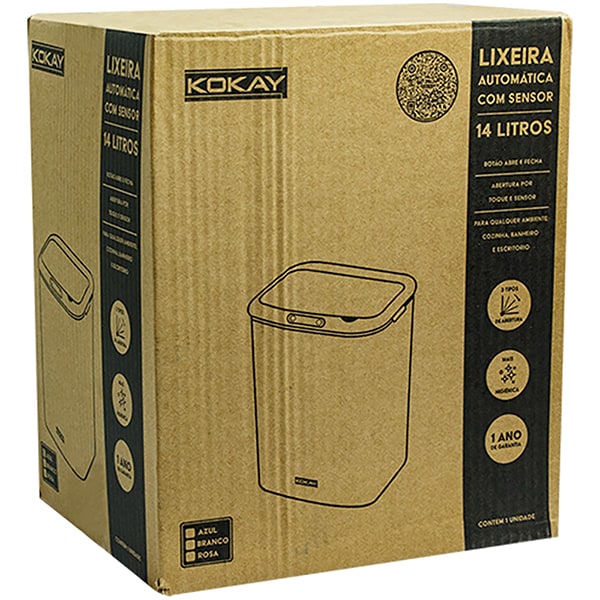 Lixeira com sensor de aproximação, 14 litros, Branco, 056-0037, Kokay - CX 1 UN