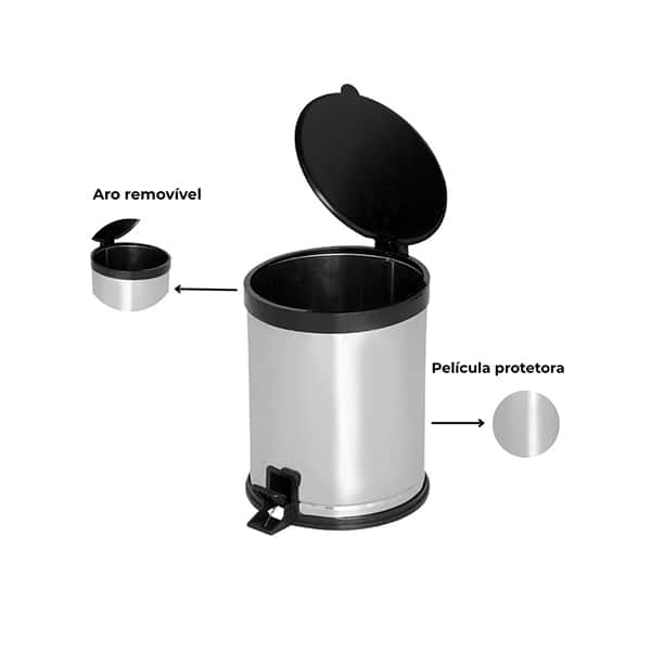Lixeira inox com pedal, 12L, Prata, 3512, Viel - 1 UN
