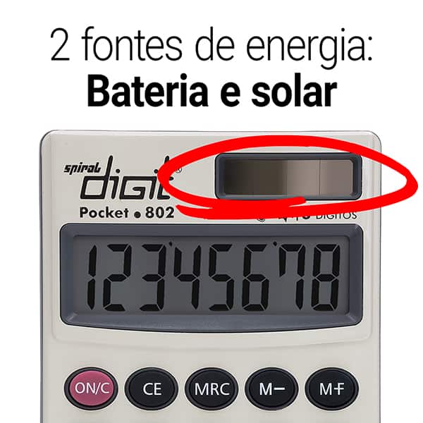 Calculadora de bolso (Bateria/Energia Solar), 8 dígitos, Metálica, 802, Spiral Digit CX 1 UN