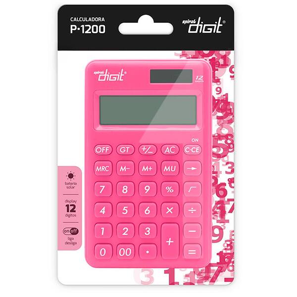 Calculadora de bolso (Bateria/Energia Solar), 12 dígitos, Rosa, 1200, Spiral Digit BT 1 UN Calculadora de bolso (Bateria/Energia Solar), 12 dígitos, Rosa, 1200, Spiral Digit BT 1 UN
