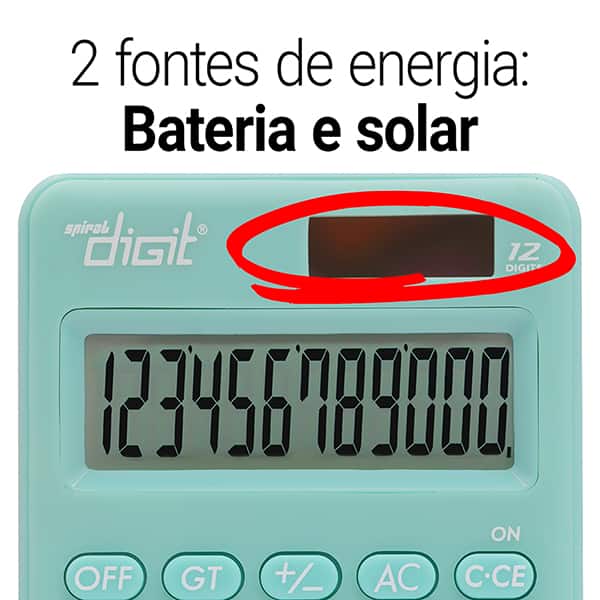 Calculadora de bolso (Bateria/Energia Solar), 12 dígitos, Verde, 1200, Spiral Digit BL 1 UN