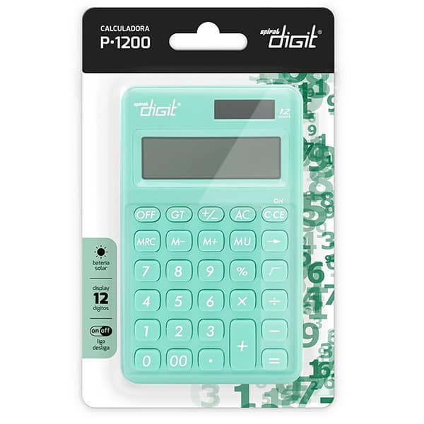 Calculadora de bolso (Bateria/Energia Solar), 12 dígitos, Verde, 1200, Spiral Digit BL 1 UN