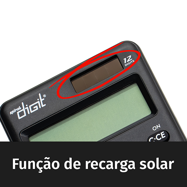 Calculadora de bolso (Bateria/Energia Solar), 12 dígitos, Preta, 1200, Spiral Digit BT 1 UN