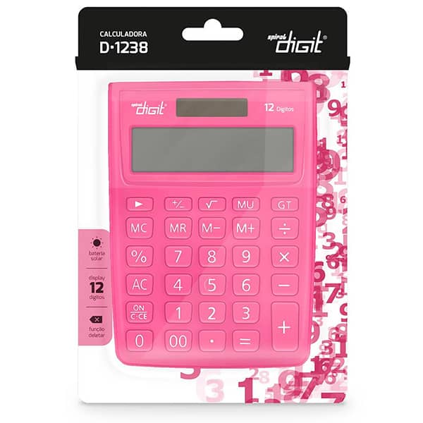 Calculadora de Mesa (Bateria/Energia Solar), 12 dígitos, Rosa, 1238, Spiral Digit PT 1 UN Calculadora de Mesa (Bateria/Energia Solar), 12 dígitos, Rosa, 1238, Spiral Digit PT 1 UN
