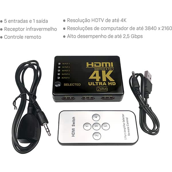 Hub HDMI 5 em e 1, JL-4K0501, 2Plug - BT 1 UN