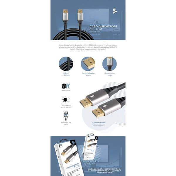 Cabo Displayport M 1.4 HDR 8K c/trava 1,8m 018-7499 5+ CX 1 UN