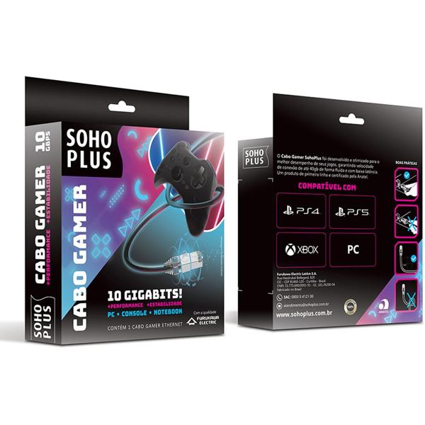 Cabo de Rede Gamer SohoPlus RJ45 CAT.6 T568A/B compatível Playstation 4 e 5, XBOX e PC, 3m, Preto - Furukawa - CX 1 UN