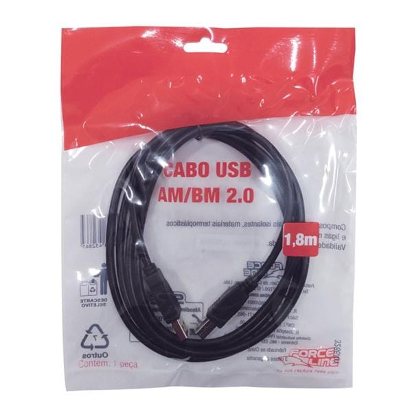 Cabo USB p/ Impressora 2.0 AM/BM 1.8m preto 3286 Force Line PT 1 UN