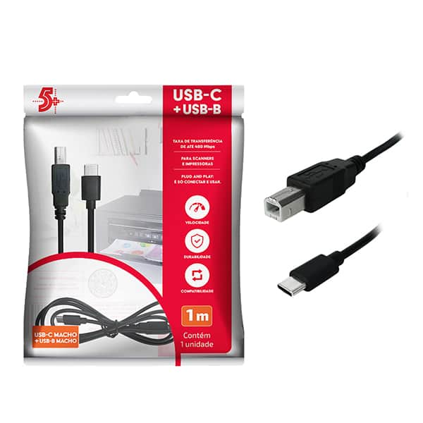 Cabo USB para Impressora 2.0 C/B, 1 Metro, Preto, 018-1416, 5+ - BT 1 UN