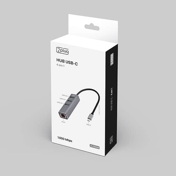 HUB USB-C 4 em 1, 1000mbps, 3 portas USB 3.0, 1 RJ45, JL-C3103A, 2Plug - BT 1 UN