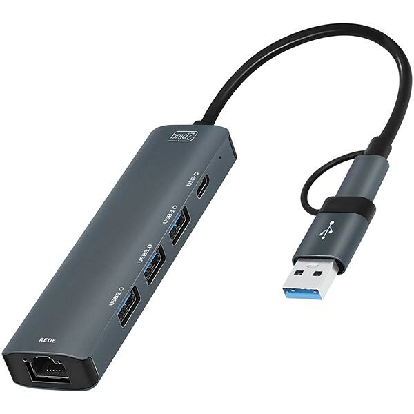 HUB USB + USB C 5 em 1, 3 portas USB 3.0, 1 porta USB-C, 1 porta RJ45 1000mbps, JL-CX05A-2, 2Plug - BT 1 UN