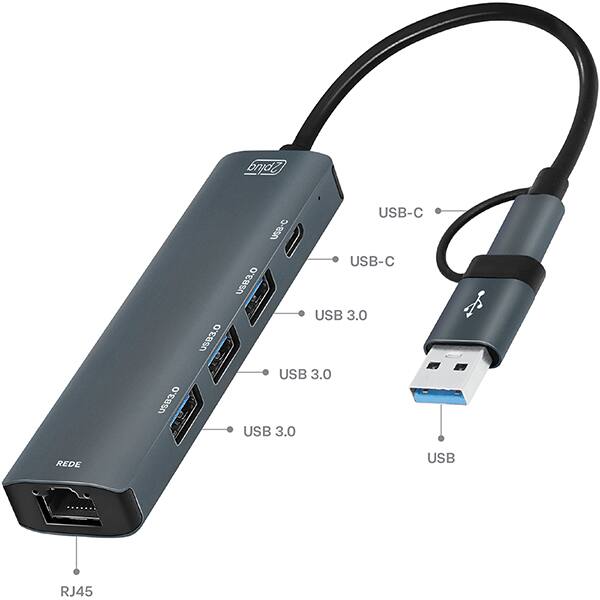 HUB USB + USB C 5 em 1, 3 portas USB 3.0, 1 porta USB-C, 1 porta RJ45 1000mbps, JL-CX05A-2, 2Plug - BT 1 UN