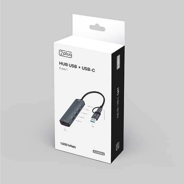 HUB USB + USB C 5 em 1, 3 portas USB 3.0, 1 porta USB-C, 1 porta RJ45 1000mbps, JL-CX05A-2, 2Plug - BT 1 UN