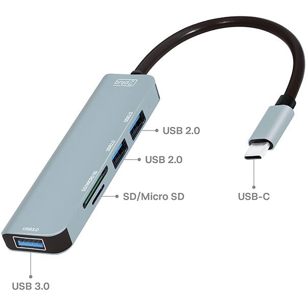 HUB USB-C 5 em 1, 2 portas USB 2.0, 1 porta USB 3.0, 1 leitor SD, 1 leitor Micro SD 1, JL-CX04-1B, 2Plug - BT 1 UN