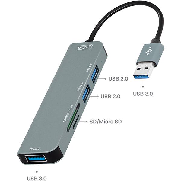 HUB USB 3.0 5 em 1, 2 portas USB 2.0, 1 porta USB 3.0, 1 leitor SD, 1 leitor Micro SD 1, JL-CX04CA, 2Plug - BT 1 UN