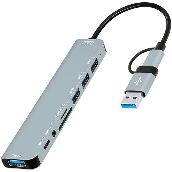 HUB USB 3.0 + USB-C 8 em 1, 3 portas USB 2.0, 1 porta USB 3.0 + 1 porta P2 + 1 leitor SD + 1 leitor micro SD + 1 porta USB-C, JL-CX08-1, 2Plug - BT 1 UN