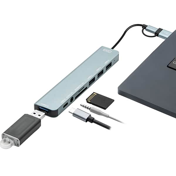 HUB USB 3.0 + USB-C 8 em 1, 3 portas USB 2.0, 1 porta USB 3.0 + 1 porta P2 + 1 leitor SD + 1 leitor micro SD + 1 porta USB-C, JL-CX08-1, 2Plug - BT 1 UN