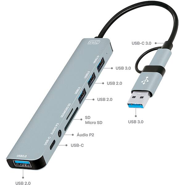 HUB USB 3.0 + USB-C 8 em 1, 3 portas USB 2.0, 1 porta USB 3.0 + 1 porta P2 + 1 leitor SD + 1 leitor micro SD + 1 porta USB-C, JL-CX08-1, 2Plug - BT 1 UN