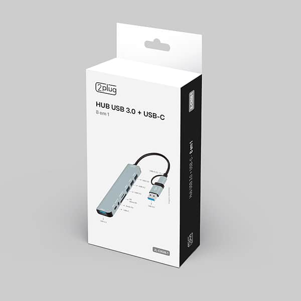 HUB USB 3.0 + USB-C 8 em 1, 3 portas USB 2.0, 1 porta USB 3.0 + 1 porta P2 + 1 leitor SD + 1 leitor micro SD + 1 porta USB-C, JL-CX08-1, 2Plug - BT 1 UN