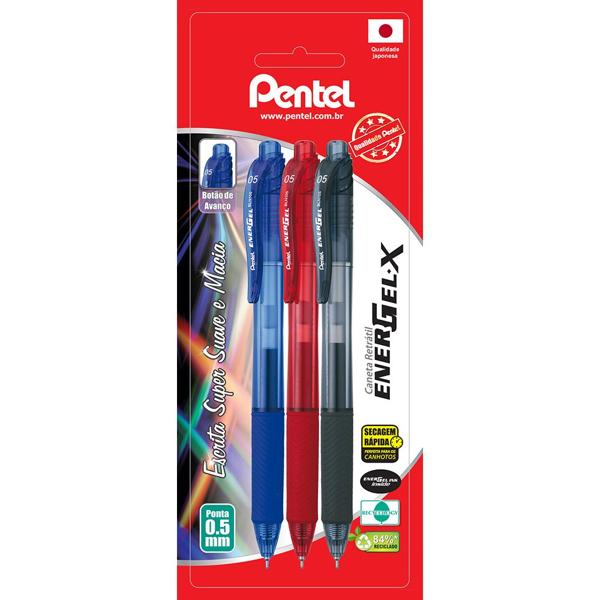 Caneta gel retrátil Energel-X, 0,5mm, 3 cores, SM/BLN105, Pentel - BT 1 UN