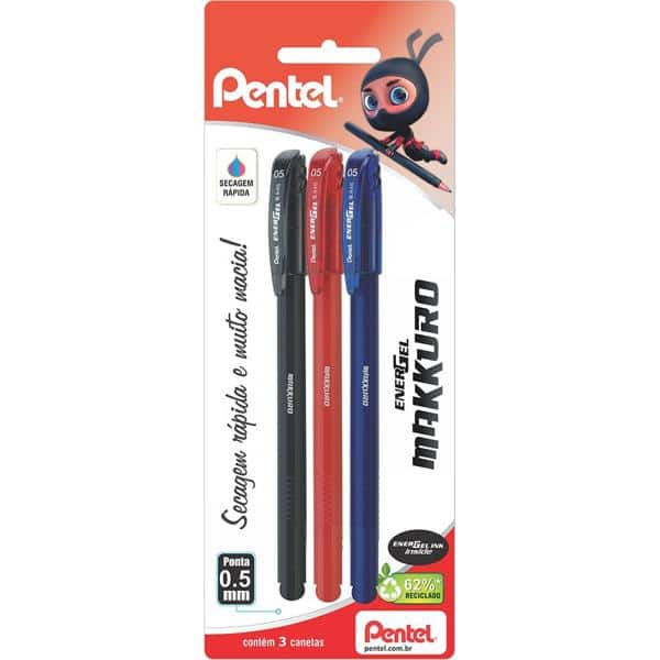 Caneta Gel Makkuro 0,5mm Preta, Vermelha e Azul, SM-BLN415-ABC6 - Pentel BT 3 UN