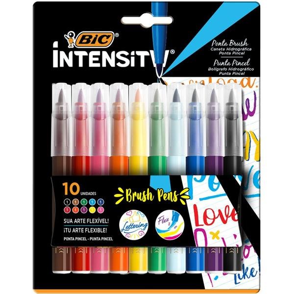 Caneta Hidrográfica BIC Intensity Brush Pen, Ponta Pincel, Ideal para Lettering, Cartela com 10 Cores Vivas, 970926 - PT 1 UN