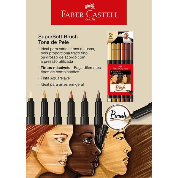 Caneta pincel brush, SuperSoft, Tons de pele, Faber-Castell - BT 6 UN