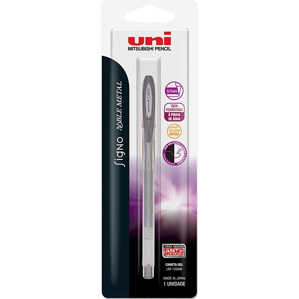 Caneta gel noble, metal prata, 0,7mm, UM120NM, Uniball - BT 1 UN