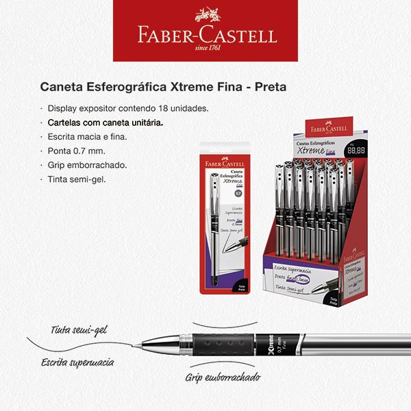 Caneta esferográfica gel, 0,7mm, Xtreme, Preta, Faber-Castell - CX 18 UN