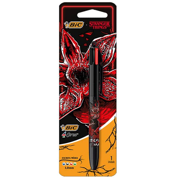 Caneta Esferográfica Retrátil BIC, 4 Cores Clássicas, Stranger Things, Corpo Demogorgon, Ponta Média de 1.0mm, 530004, BT 1 UN