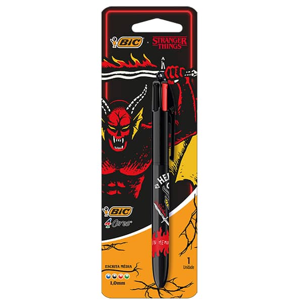 Caneta Esferográfica Retrátil BIC, 4 Cores Clássicas, Stranger Things, Corpo Hellfire Club, Ponta Média de 1.0mm, 530005, BT 1 UN
