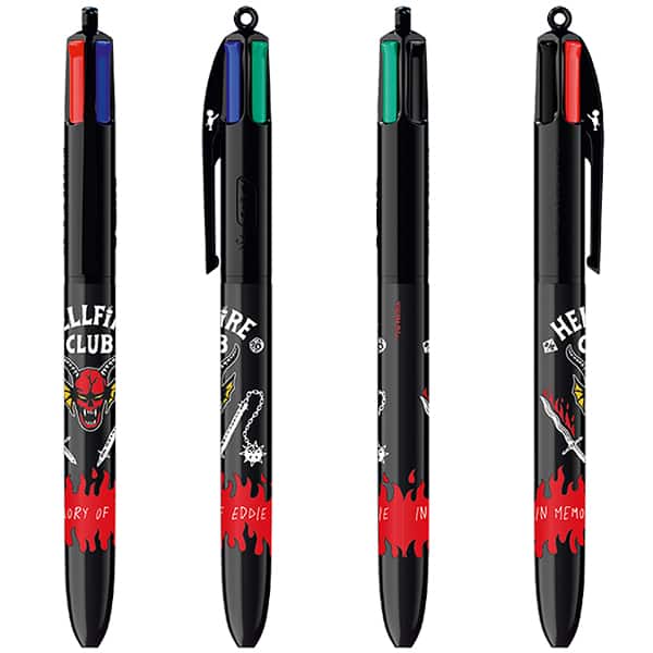 Caneta Esferográfica Retrátil BIC, 4 Cores Clássicas, Stranger Things, Corpo Hellfire Club, Ponta Média de 1.0mm, 530005, BT 1 UN
