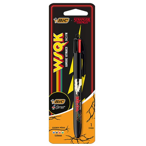 Caneta Esferográfica Retrátil BIC, 4 Cores Clássicas, Stranger Things, Corpo The Squawk, Ponta Média de 1.0mm, 530006, BT 1 UN
