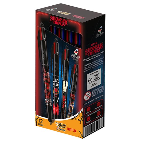 Caneta Esferográfica Retrátil BIC, 4 Cores Clássicas, Stranger Things, Corpo 5ª temporada, Sortidas, Ponta Média de 1.0mm, 530007, CX 12 UN