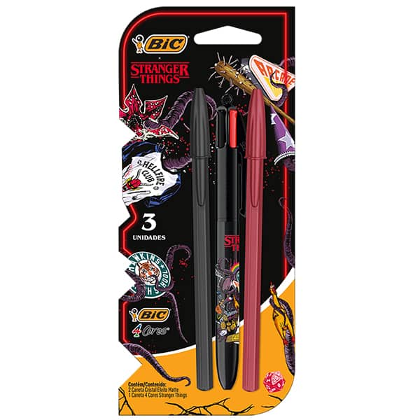 Caneta Esferográfica Retrátil BIC, 4 Cores Clássicas, Stranger Things, + 2 Canetas esferográficas Cristal, Ponta Média de 1.0mm, 530010, BIC - BT 3 UN Caneta Esferográfica Retrátil BIC, 4 Cores Clássicas, Stranger Things, + 2 Canetas esferográficas Cristal, Ponta Média de 1.0mm, 530010, BIC - BT 3 UN