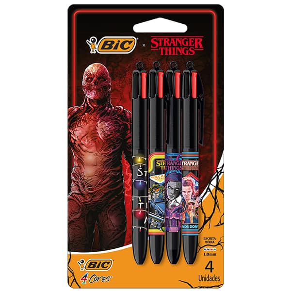 Caneta Esferográfica Retrátil BIC, 4 Cores Clássicas, Stranger Things, Corpo Temporada 1 a 4, Ponta Média de 1.0mm, 530028, BIC - BT 4 UN