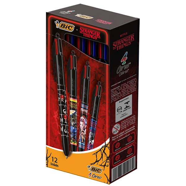 Caneta Esferográfica Retrátil BIC, 4 Cores Clássicas, Stranger Things, Corpo 1ª a 4ª temporada, Sortidas, Ponta Média de 1.0mm, 530029, CX 12 UN