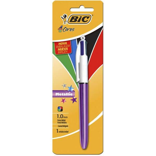 Caneta Esferográfica Retrátil BIC, 4 Cores Clássicas, Corpo Roxo Metálico, Ponta Média de 1.0mm, 929816 - BT 1 UN