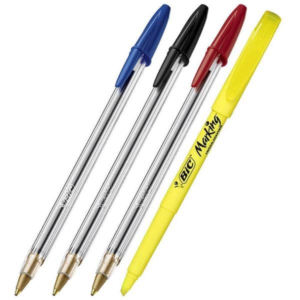 Kit BIC com 3 canetas esferográficas BIC Cristal Dura + Ponta Média, 1 marcador de texto Fluorescente amarelo BIC Marking, 971070 - BT 4 UN