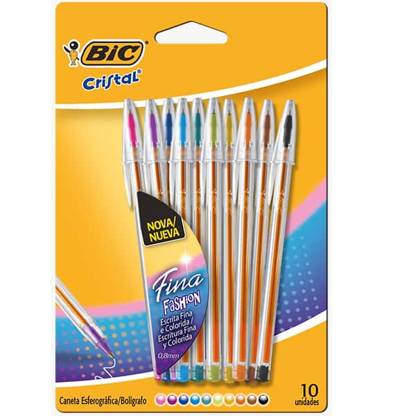 Caneta Esferográfica BIC Escrita fina, Cristal Fashion 10 Cores, Ponta de 0,8mm, 530009, BT 10 UN
