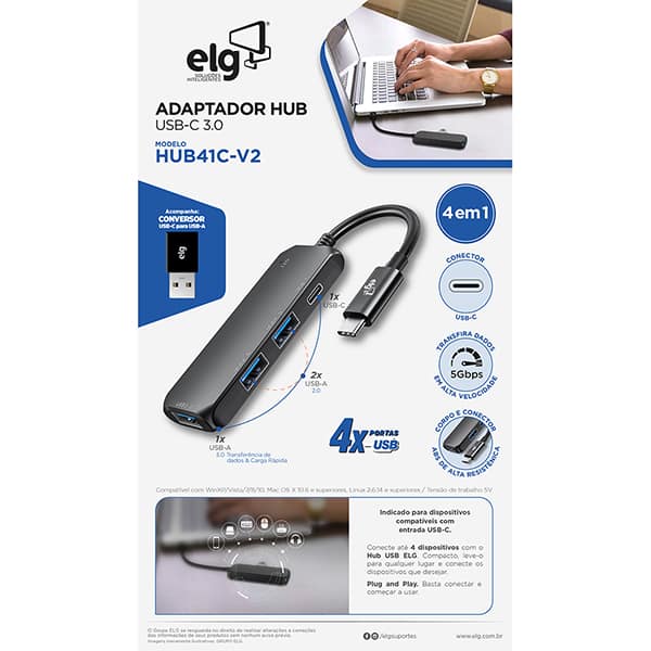 Hub USB-C 4 em 1, 3 USB-A + 1 USB-C, HUB41C-V2, Elg - BT 1 UN