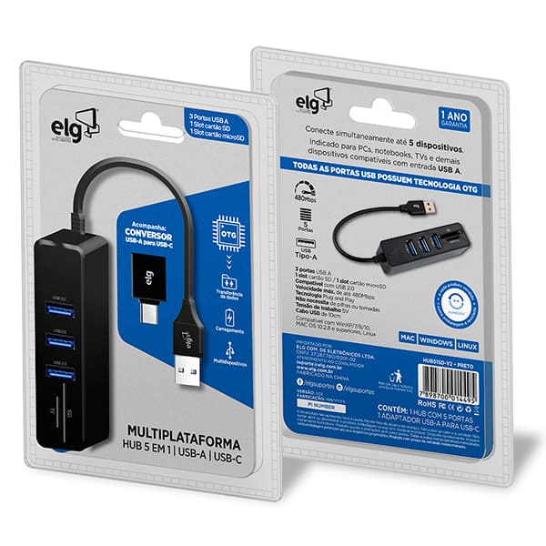HUB USB-C 5 em 1, 3 portas USB 2.0, 1 leitor SD, 1 leitor Micro SD 1, 51SD-V2, Elg - CX 1 UN
