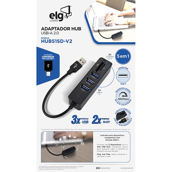 HUB USB-C 5 em 1, 3 portas USB 2.0, 1 leitor SD, 1 leitor Micro SD 1, 51SD-V2, Elg - CX 1 UN